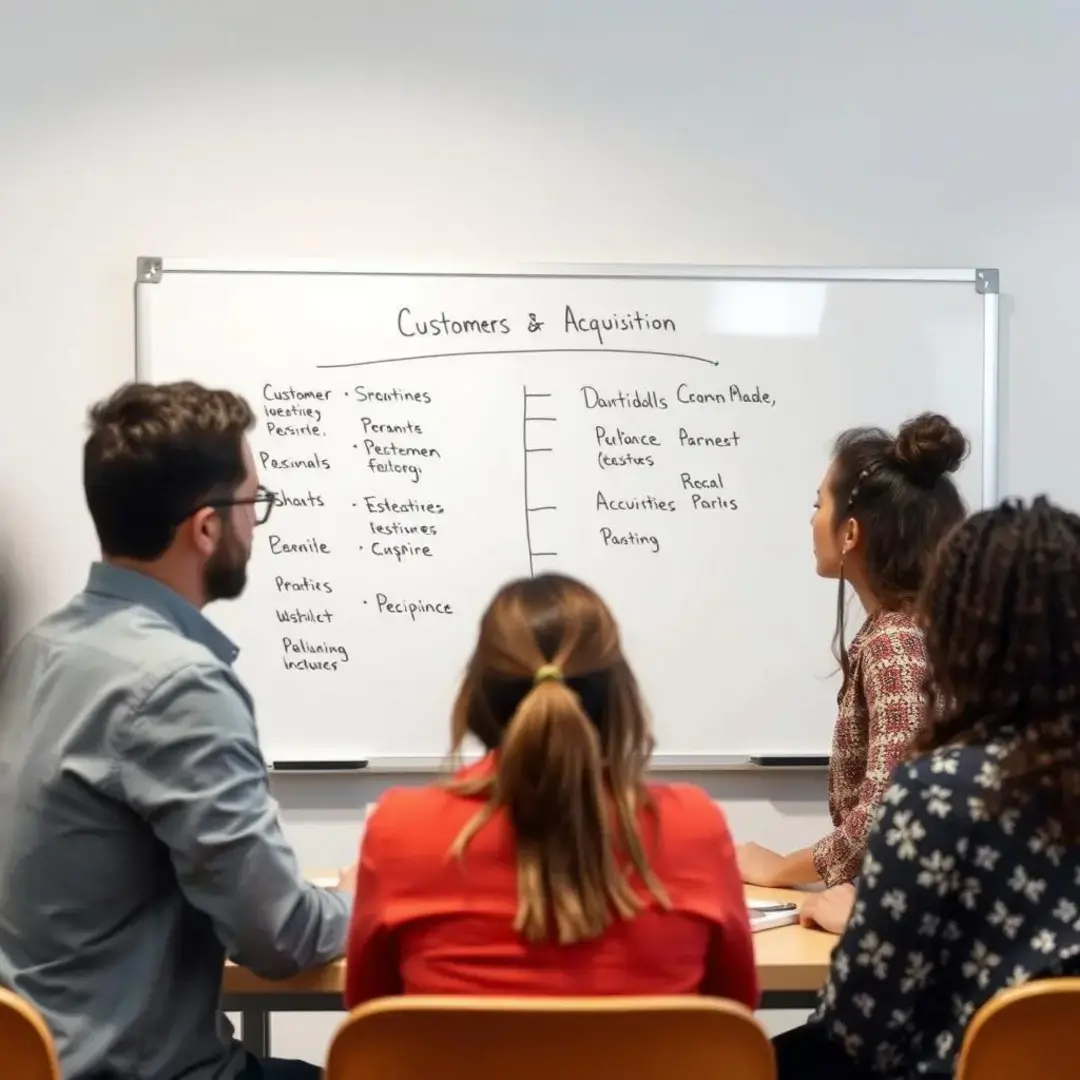 Diverse team brainstorming customer acquisition strategies on a whiteboard.