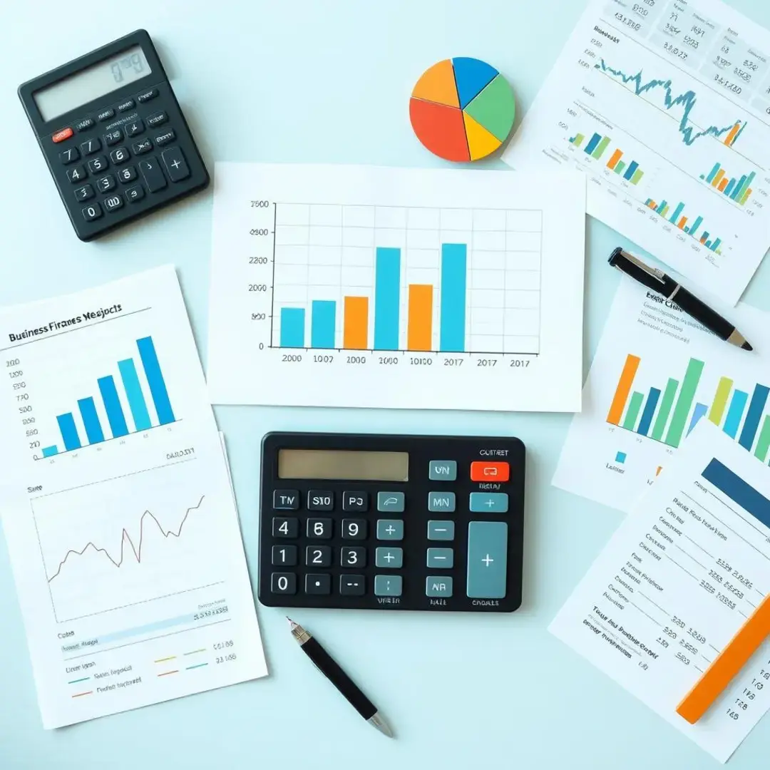 Graphs, spreadsheets, calculators, and business finance documents displayed.