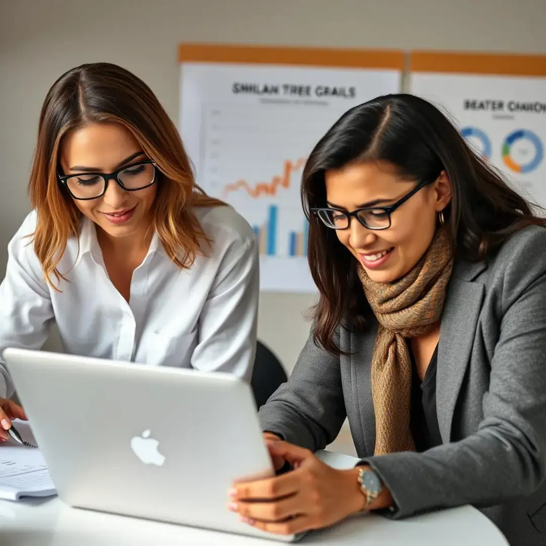 Two diverse professionals brainstorming over a laptop, charts in background.