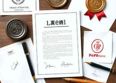 Documents, legal seal, business name, signatures, registration symbols.