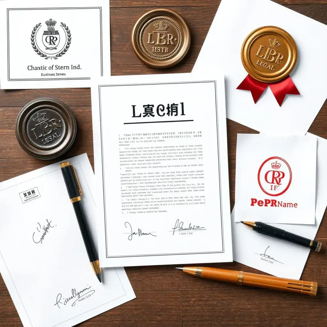 Documents, legal seal, business name, signatures, registration symbols.