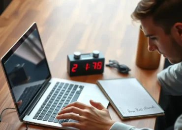 Laptop, coffee, timer, notepad, focused writer, fast typing.