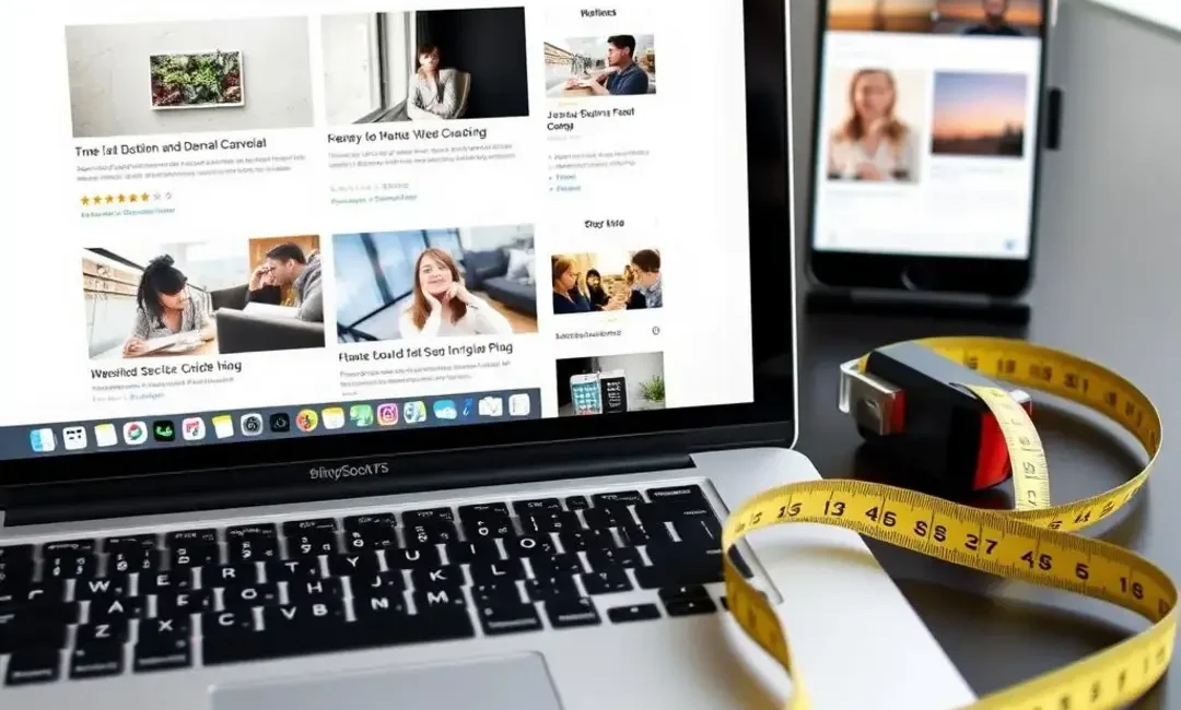 A measuring tape beside a laptop with blog articles displayed.