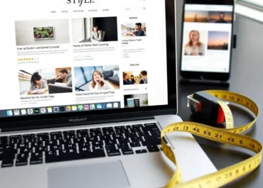 A measuring tape beside a laptop with blog articles displayed.