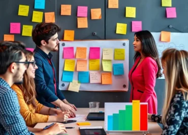 Diverse team brainstorming, sticky notes, customer feedback graphs.