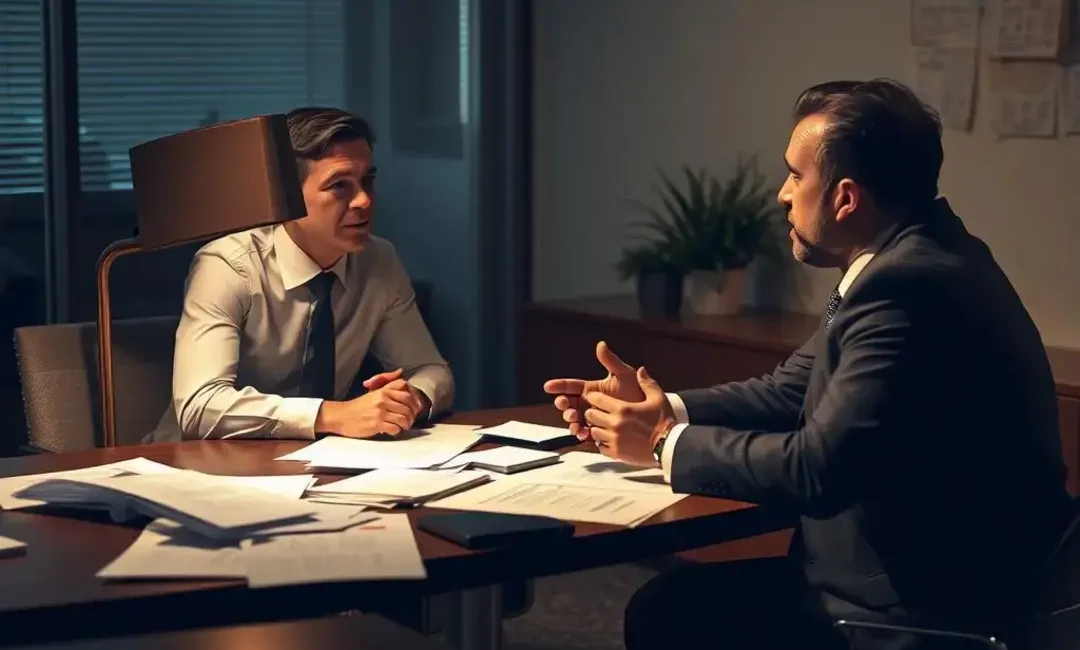 Two partners discussing heatedly at a table, papers scattered.