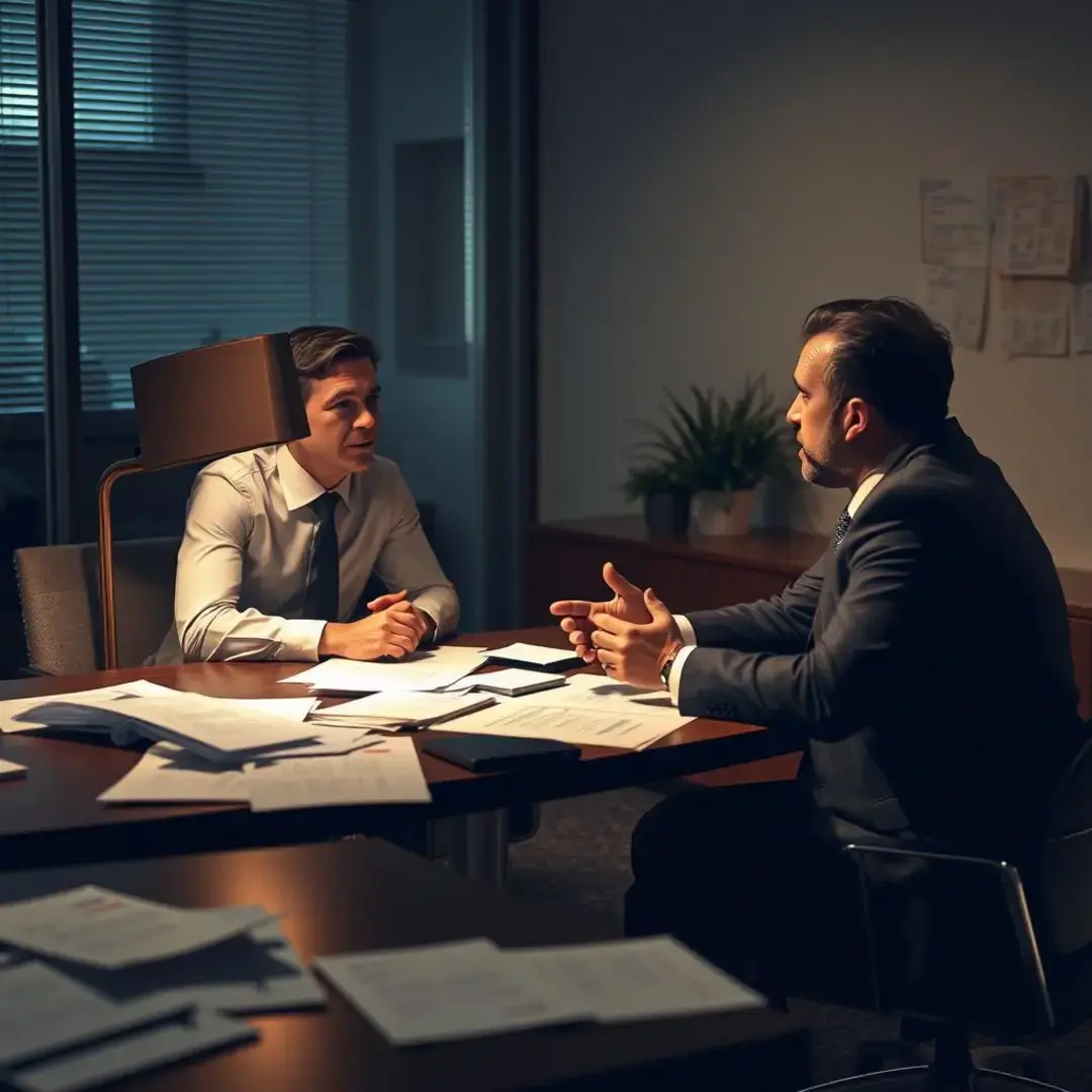 Two partners discussing heatedly at a table, papers scattered.