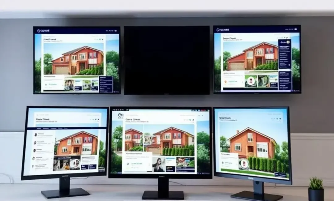 Multiple screens displaying automated real estate content creation tools.