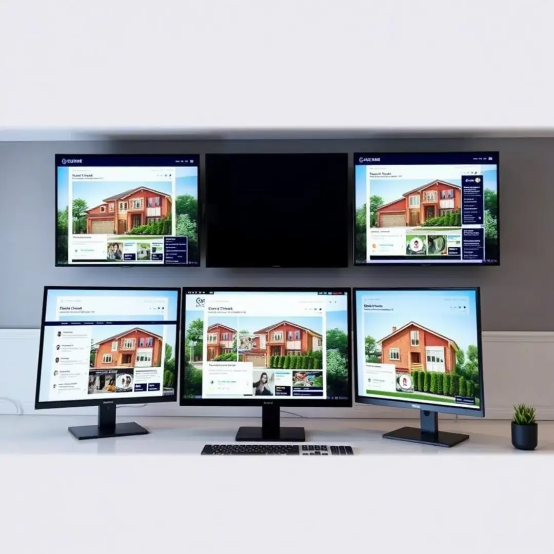 Multiple screens displaying automated real estate content creation tools.