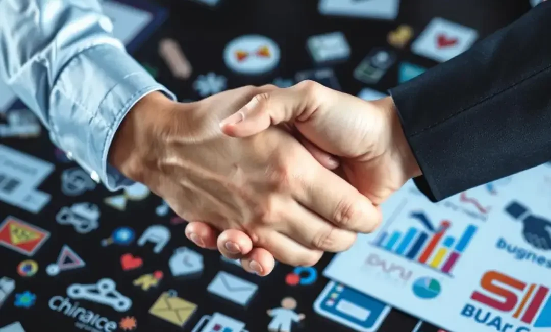 Two hands shaking over a table with diverse business icons.