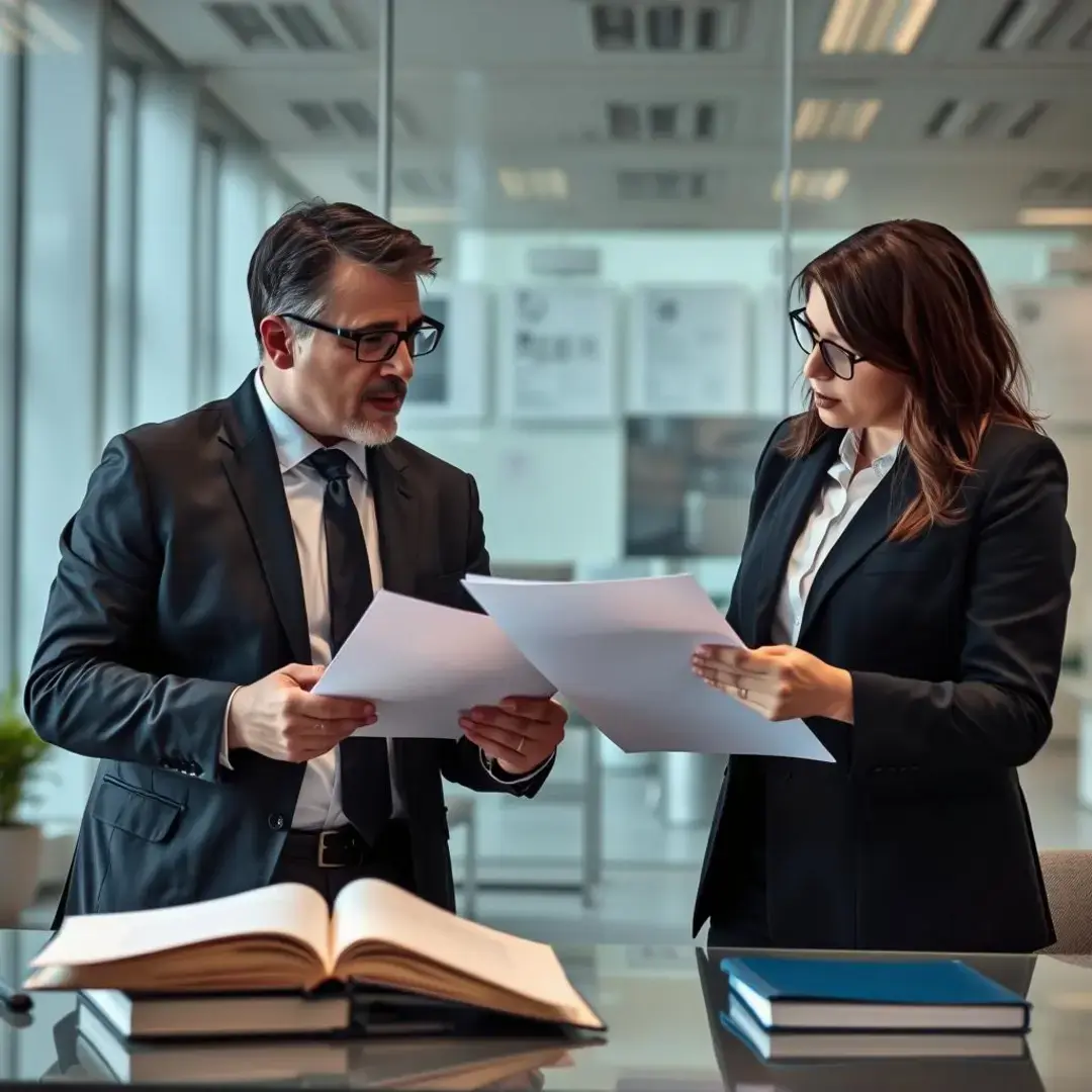 Two business partners discussing documents with expressions of concern.