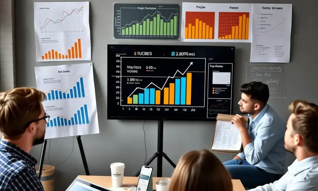 Startup team brainstorming with charts and crowdfunding visuals.