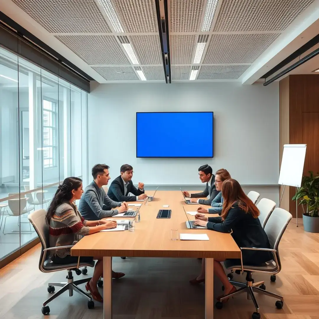 Diverse professionals discussing strategies around a conference table.