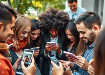 Diverse people interacting with social media content on devices.