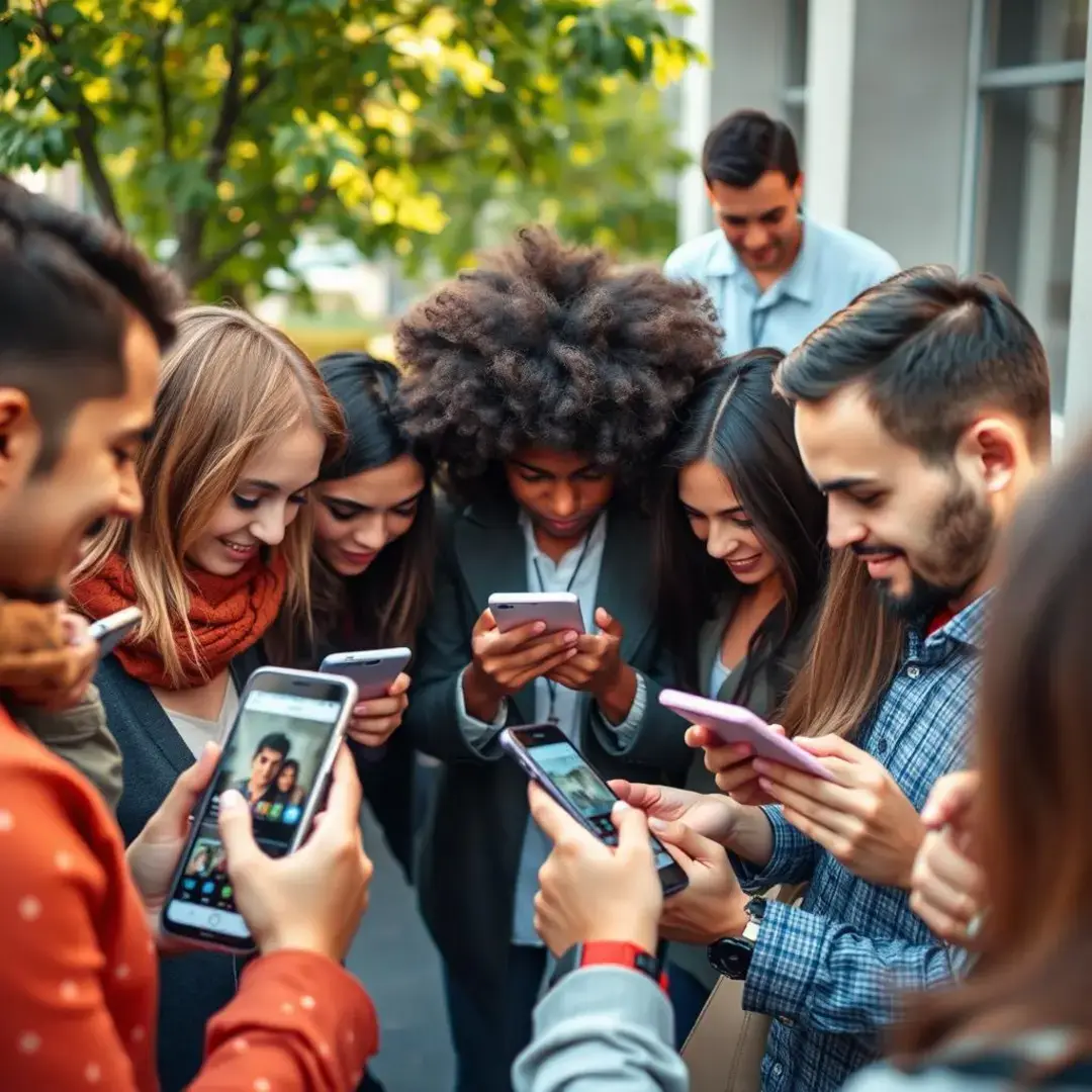 Diverse people interacting with social media content on devices.