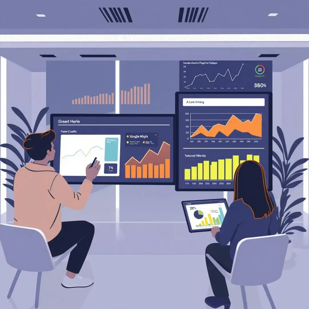 Users interacting on screens, charts showing growth metrics.