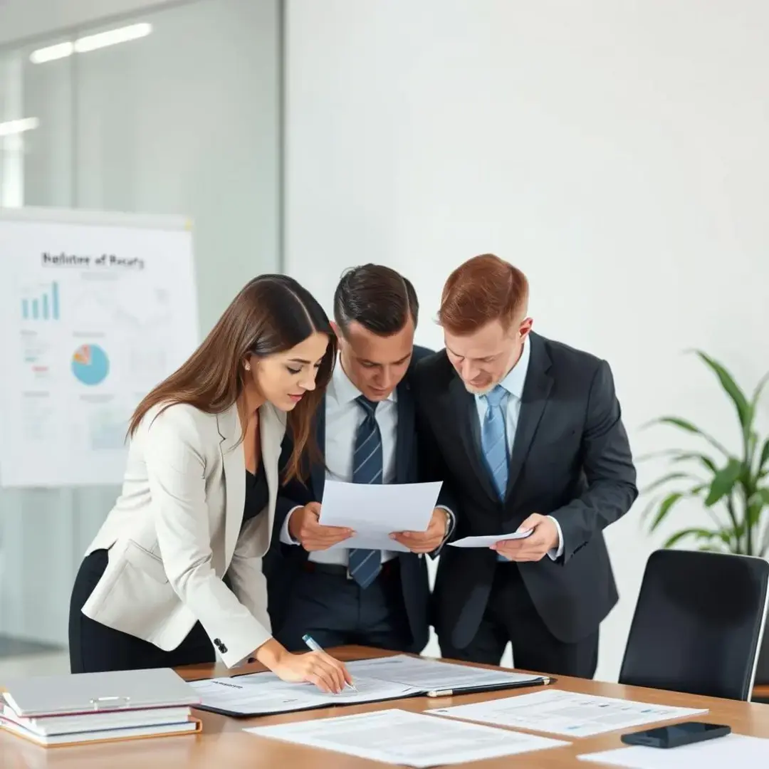 Business professionals collaborating over a table with documents.