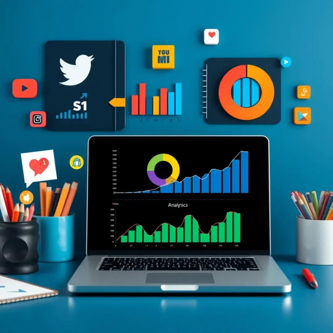 Colorful graphs, social media icons, and a laptop displaying analytics.