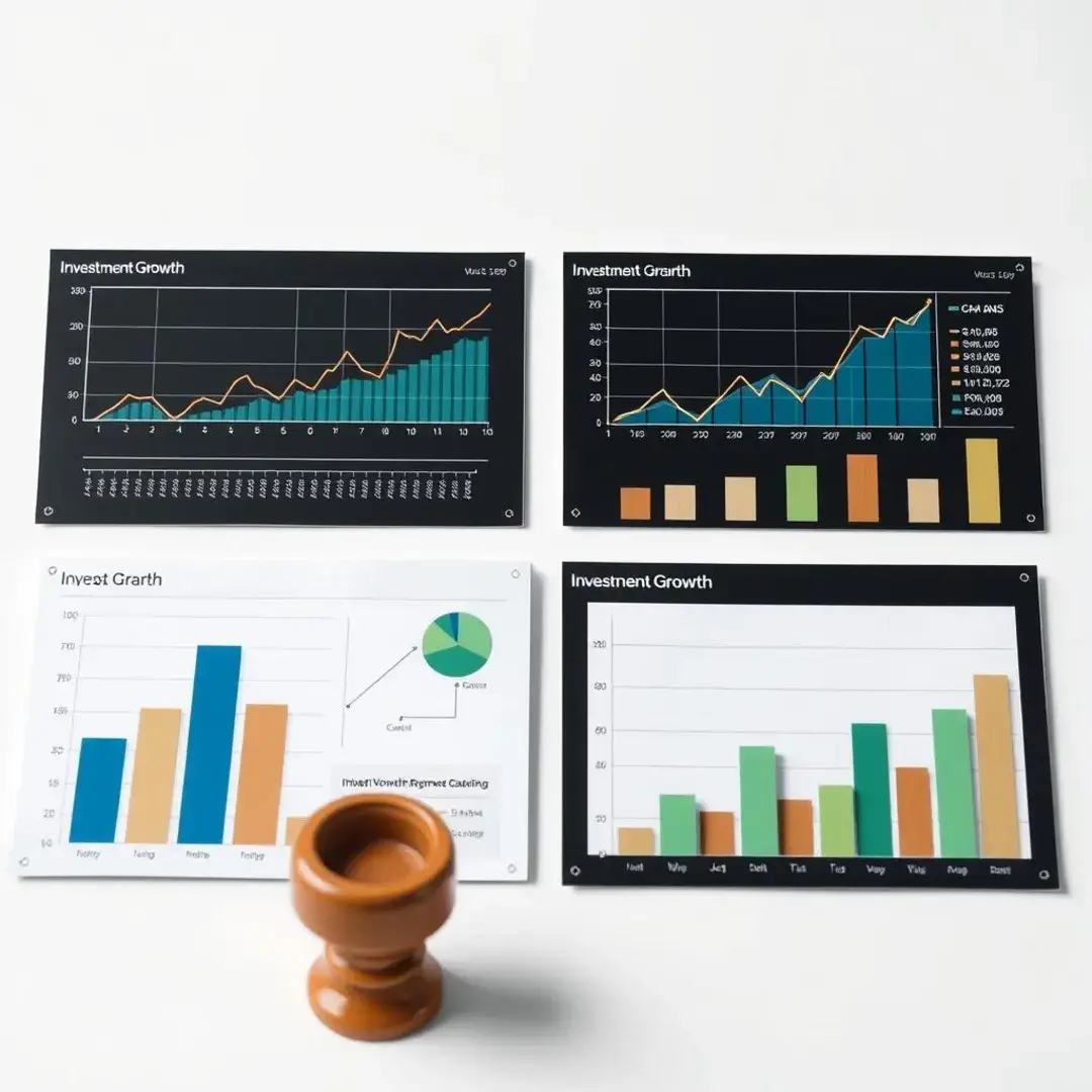 Graphs and charts illustrating investment growth and performance metrics.