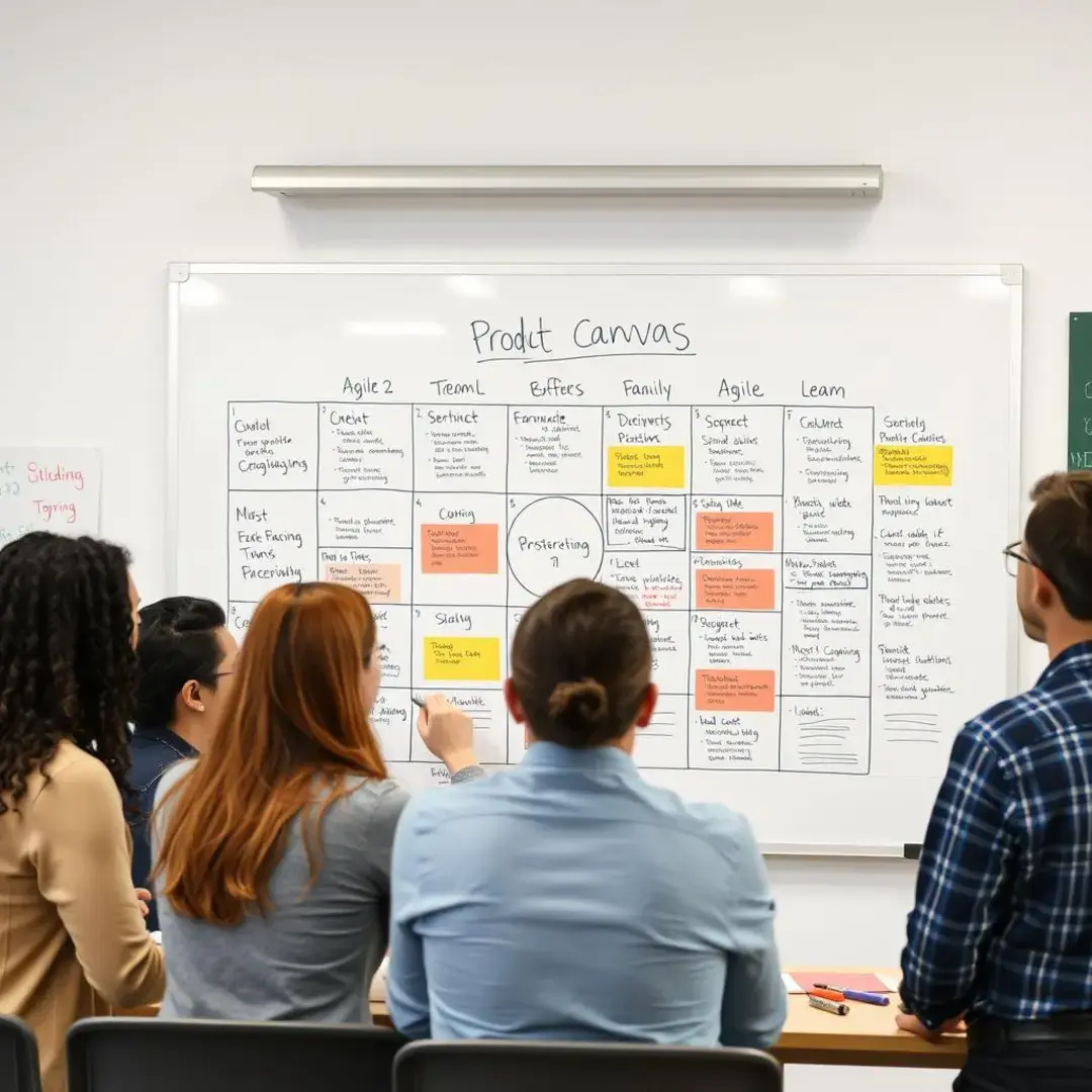 Agile team brainstorming over Lean Product Canvas on a whiteboard.