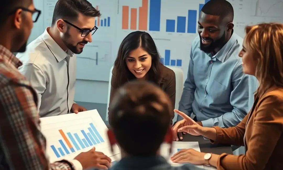 Diverse team discussing strategies over graphs and charts.