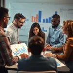 Diverse team discussing strategies over graphs and charts.