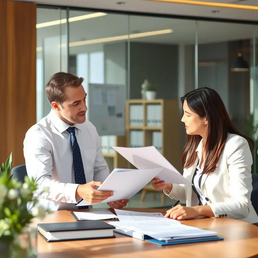 Attorney and client discussing documents in a modern office.