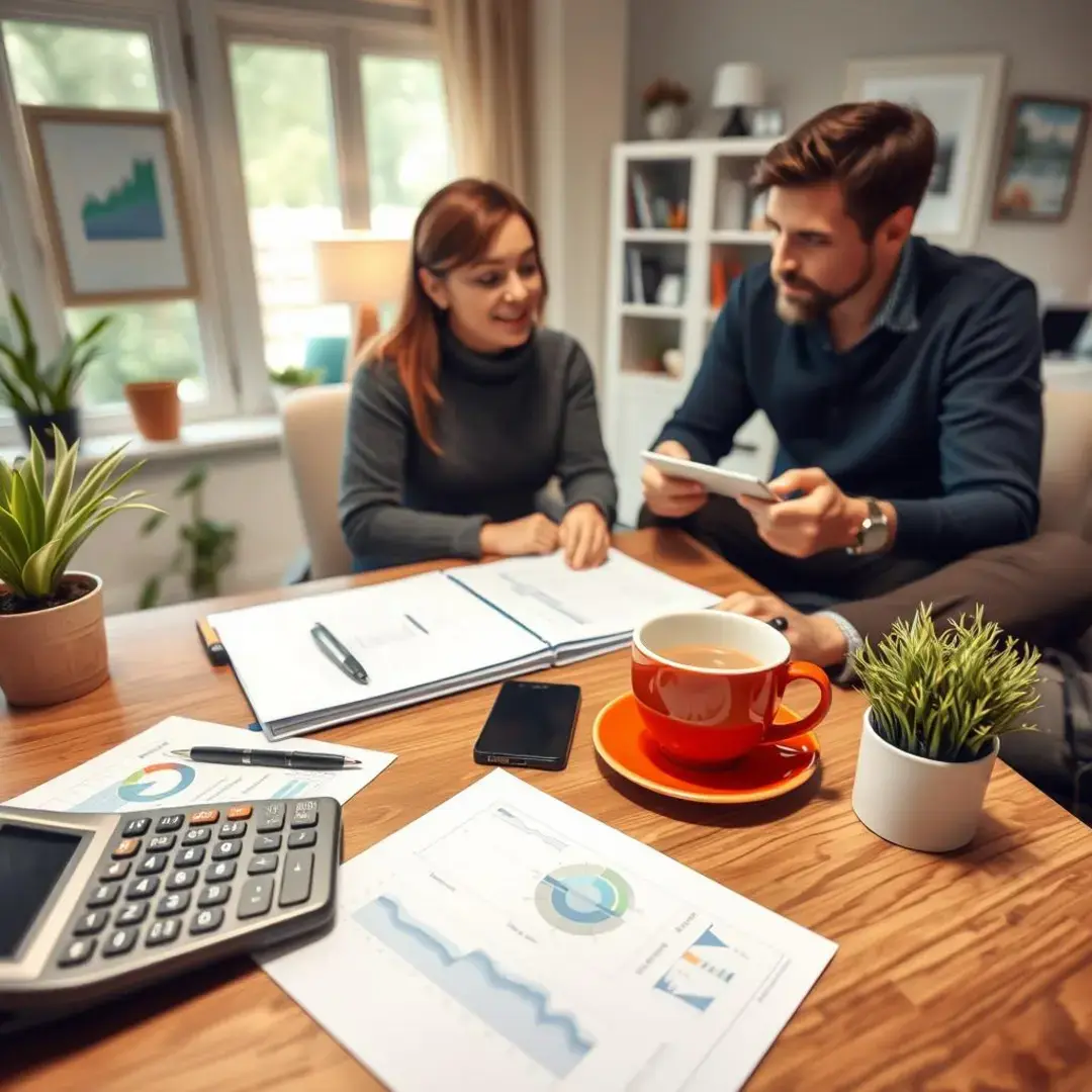 Calculator, charts, home, documents, coffee, focused individuals discussing.