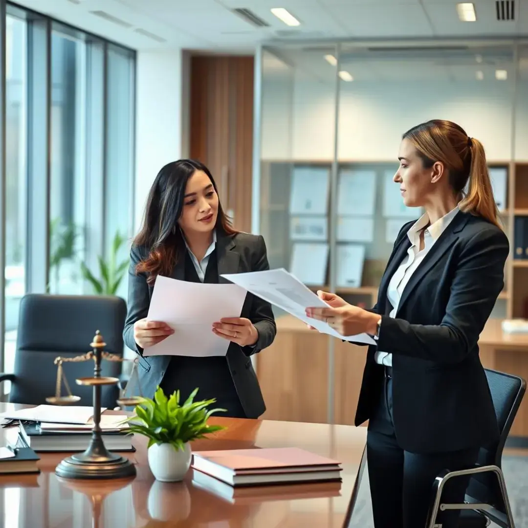 Two professionals discussing legal documents in a modern office.