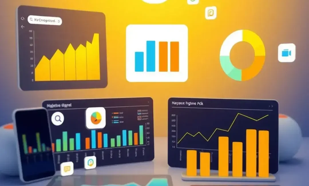 Graphs, icons of apps, comparison charts, analytics visuals.