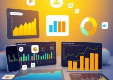 Graphs, icons of apps, comparison charts, analytics visuals.