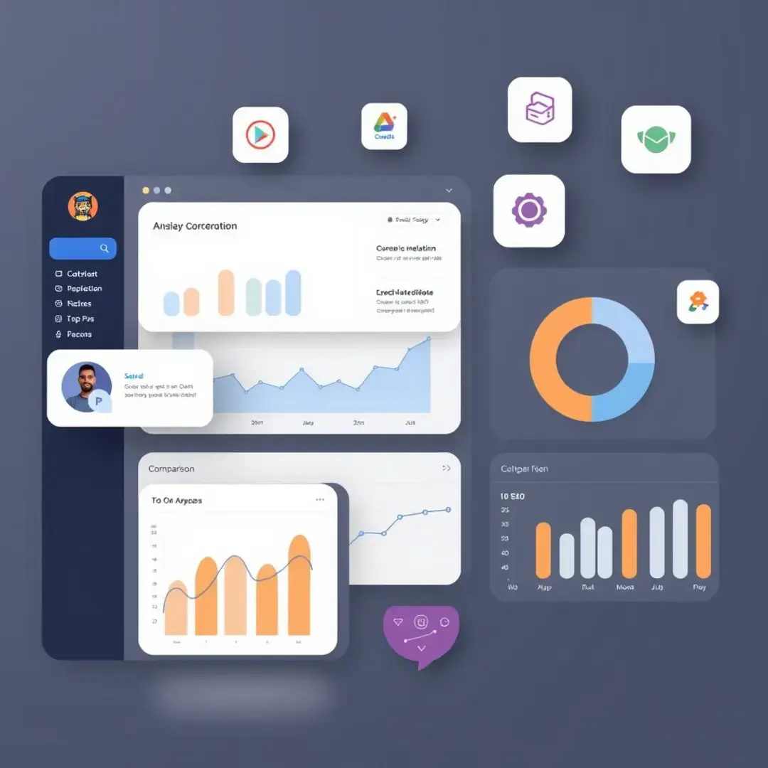 Graphs, app logos, user feedback, analytics dashboard, comparison charts.