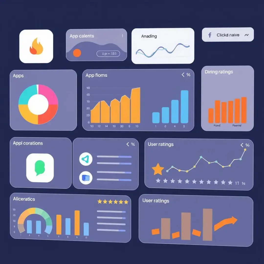 Graphs, charts, app logos, and user ratings displayed visually.