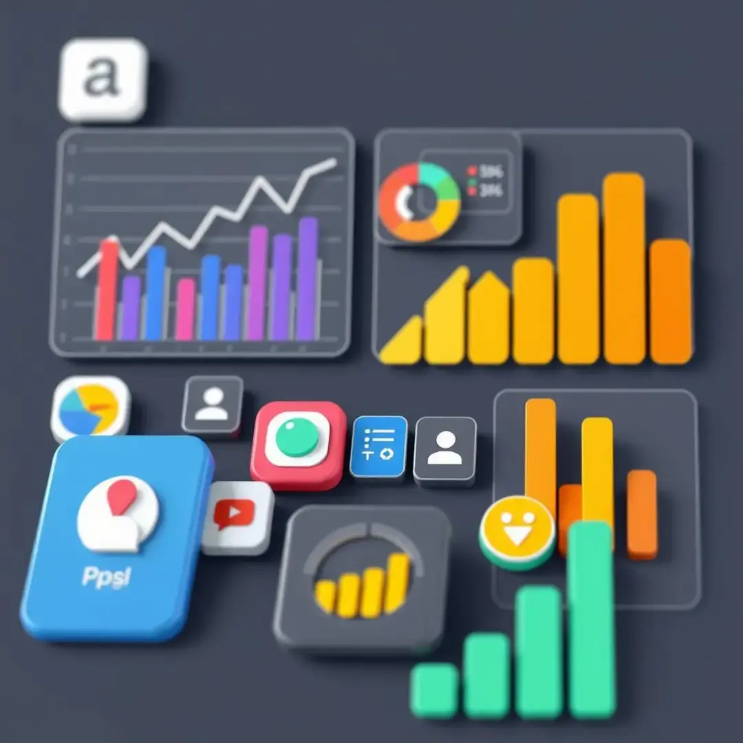 Graphs, charts, app icons, and user statistics displayed together.