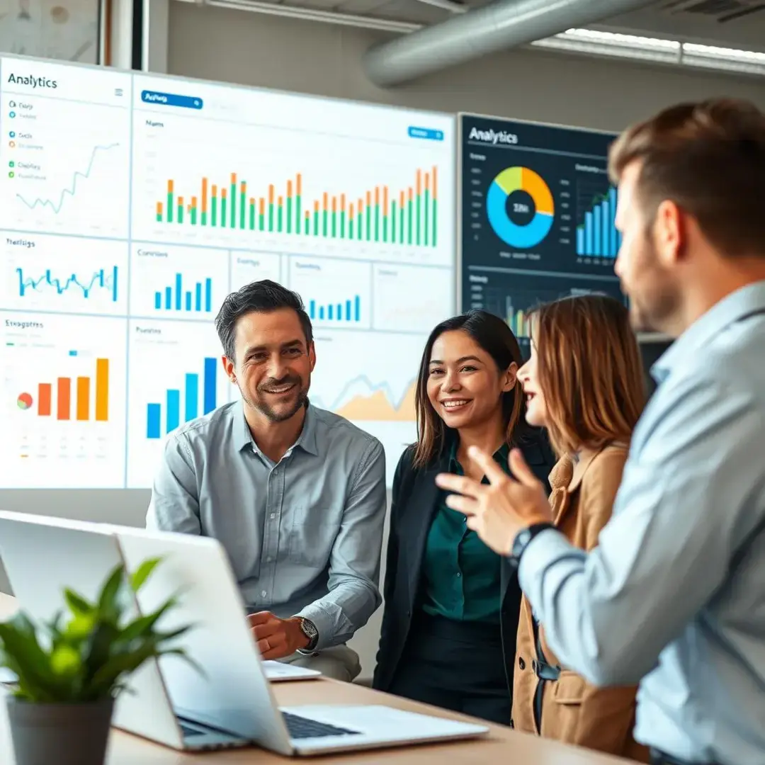 Graphs, analytics dashboard, confident team discussing insights.