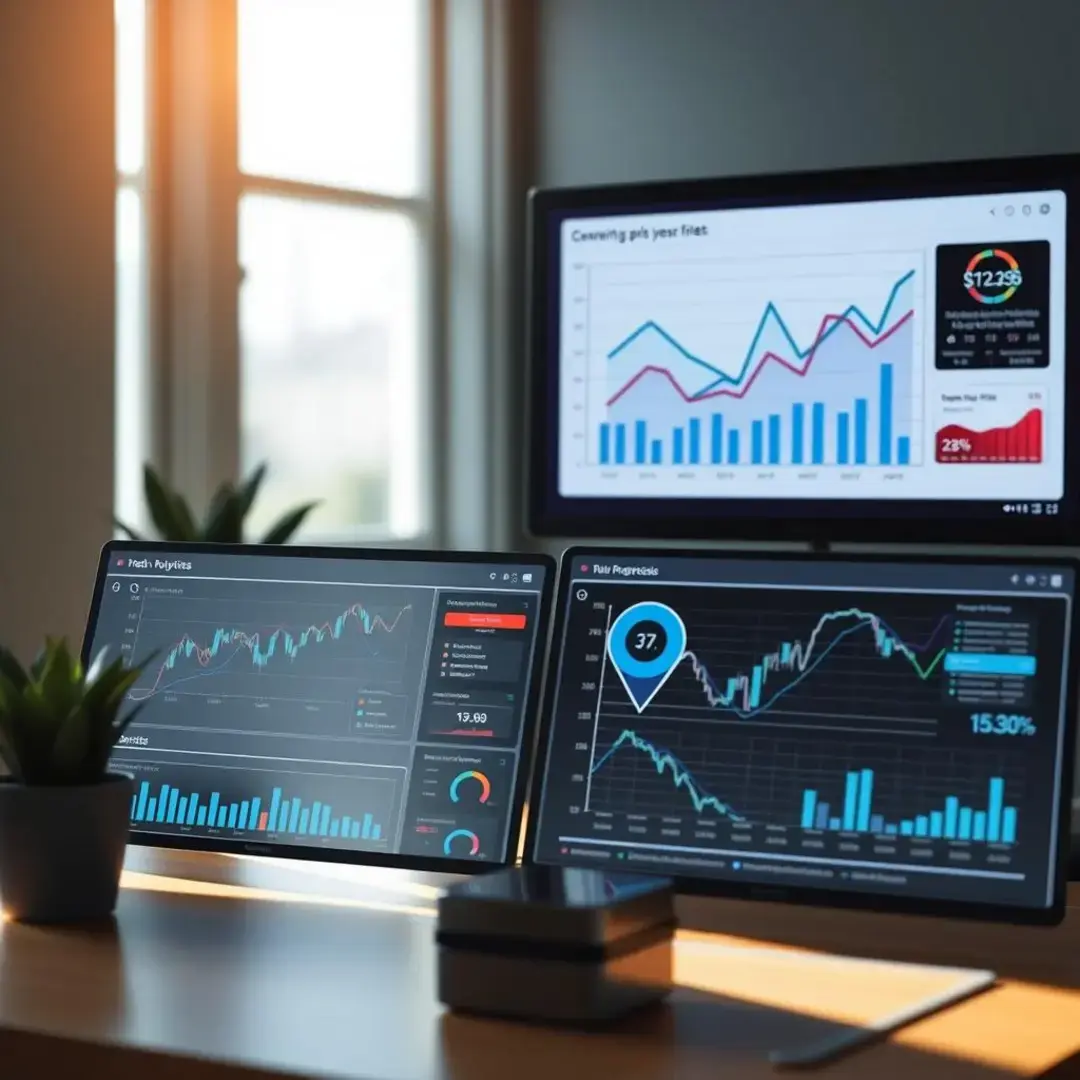 Graphs showing trends, data analysis, and AI integration visuals.