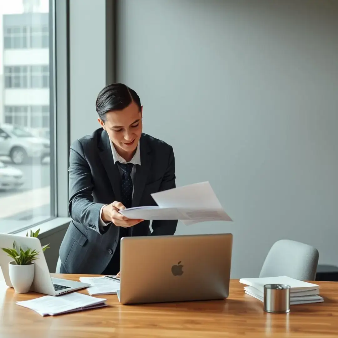 Two business partners discussing terms over documents and laptops.