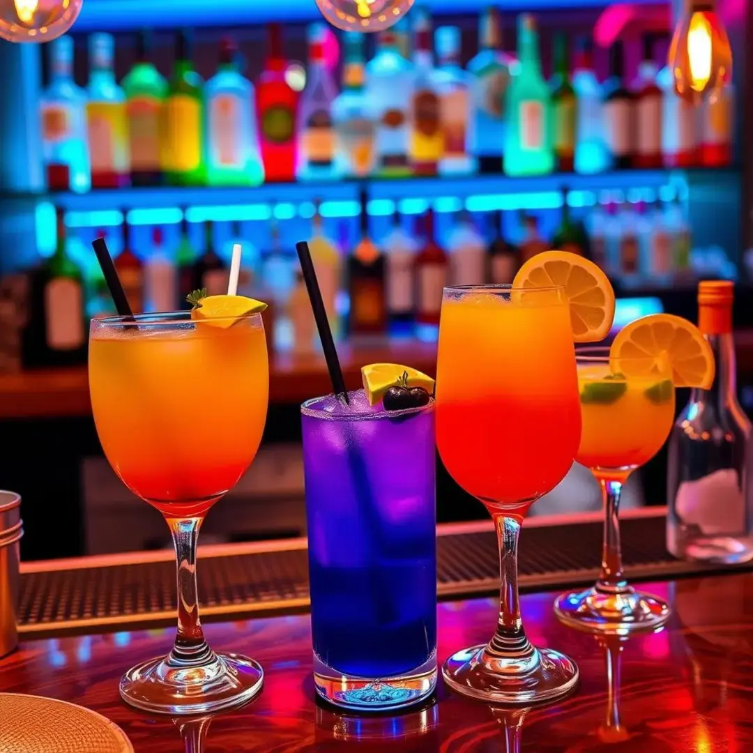 Colorful cocktails, bar setup, engaging blog posts, vibrant atmosphere.