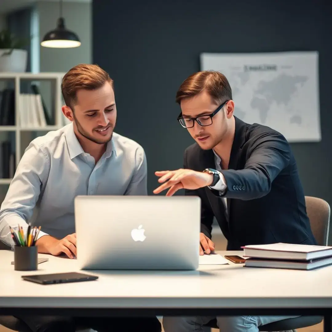 Two professionals collaborating over a laptop, discussing strategies.