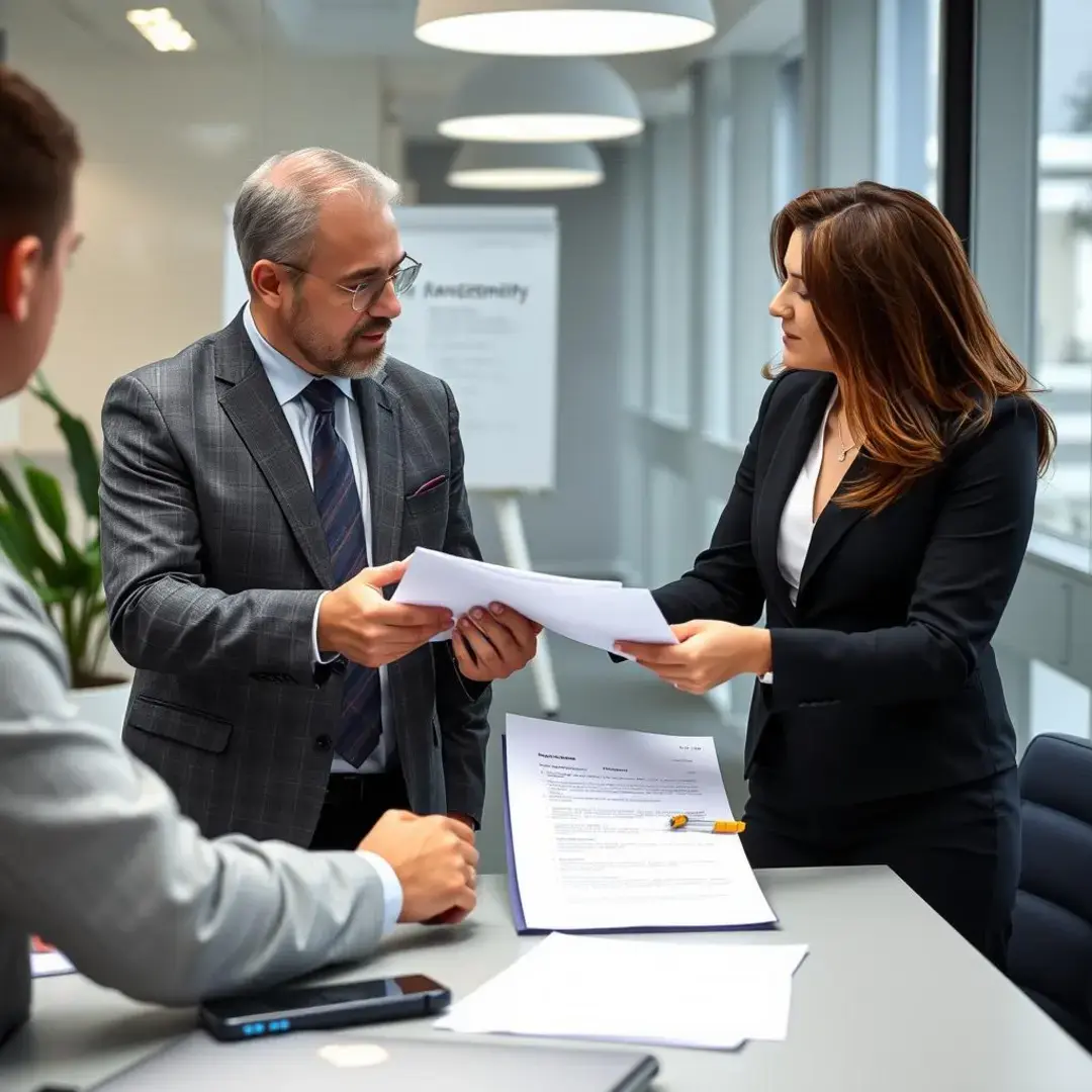 Two professionals discussing a partnership agreement with documents.