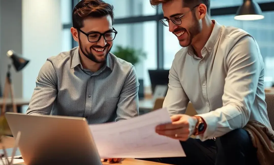 Two entrepreneurs discussing plans over a laptop, smiling.