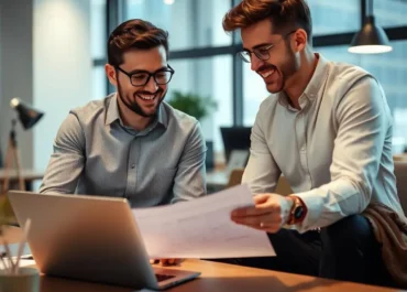 Two entrepreneurs discussing plans over a laptop, smiling.