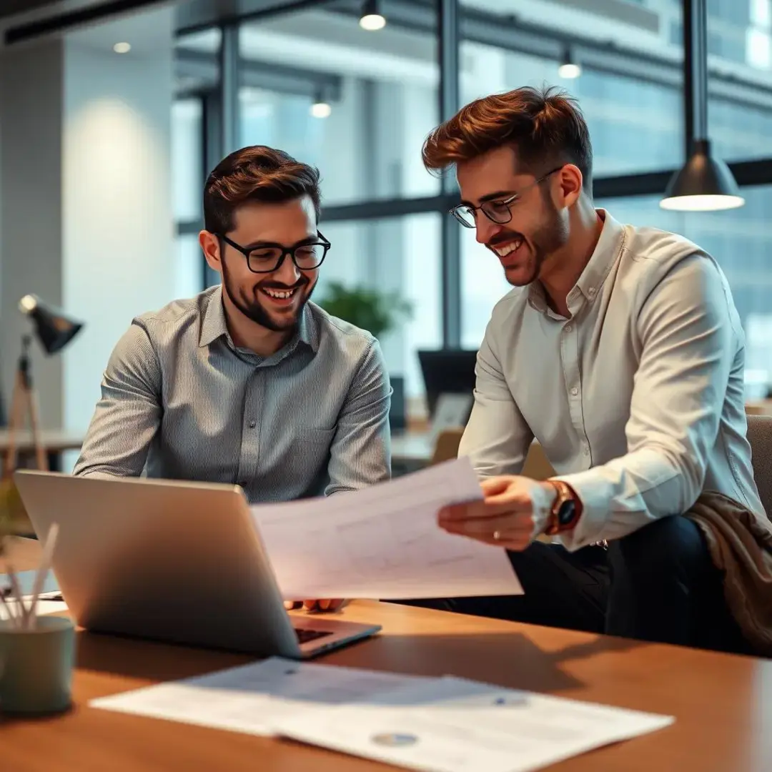 Two entrepreneurs discussing plans over a laptop, smiling.