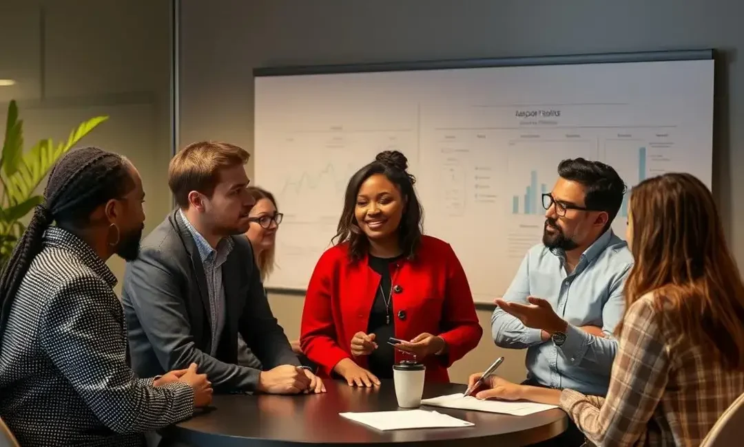 Diverse team discussing roles, charts, and partnership agreements.