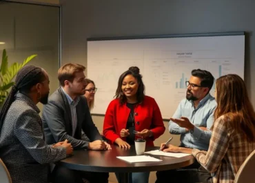 Diverse team discussing roles, charts, and partnership agreements.