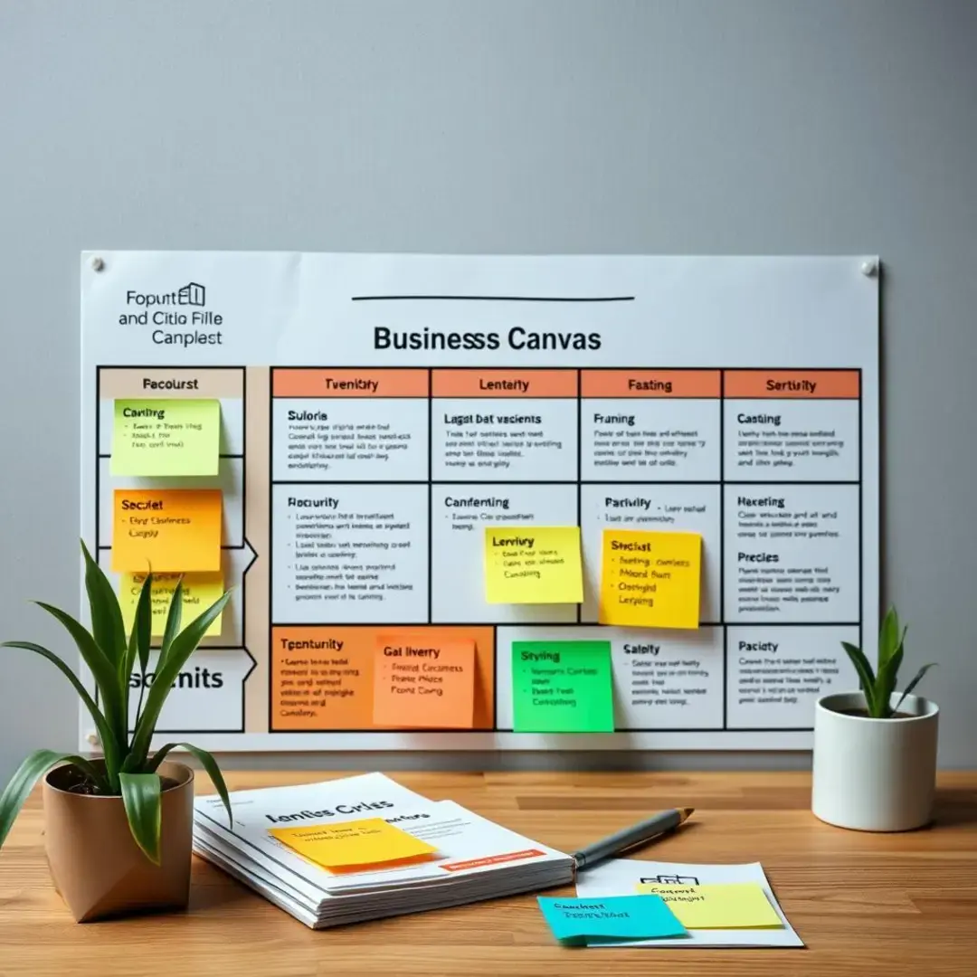 Colorful business model canvas with key elements and sticky notes.