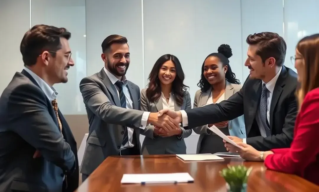 Business meeting, documents, handshake, diverse team discussing reputations.