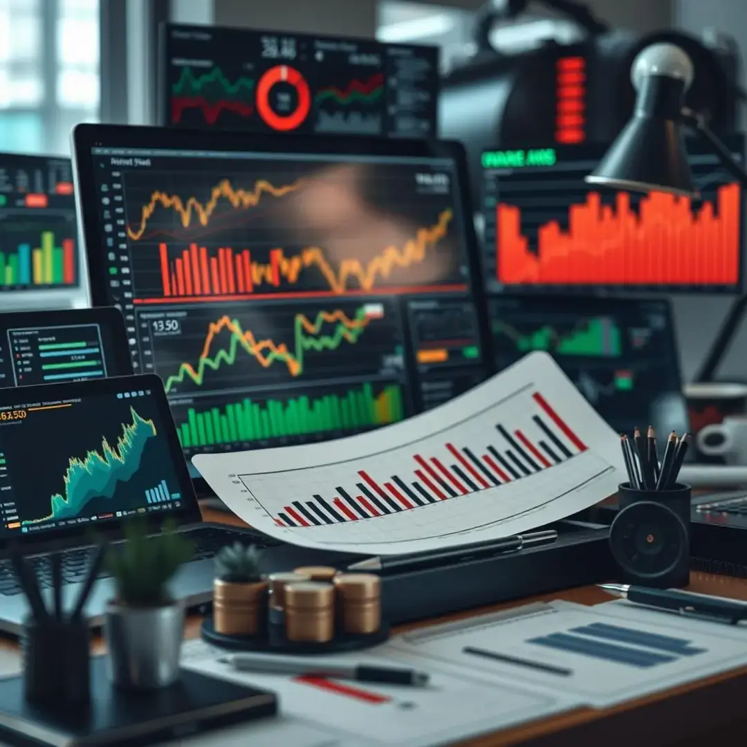 Graphs, charts, and diverse financial data on a workspace.