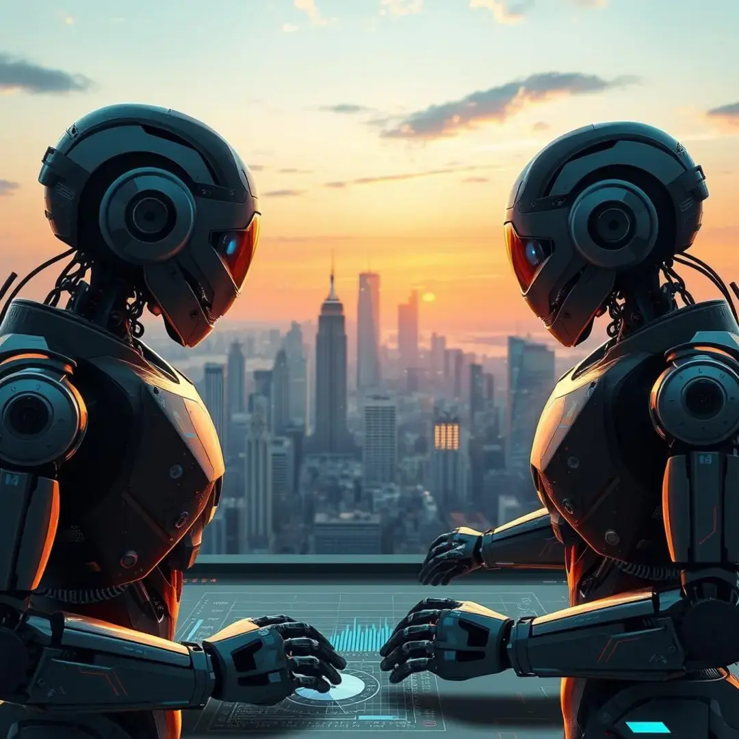 Robots analyzing data, digital graphs, futuristic city skyline.