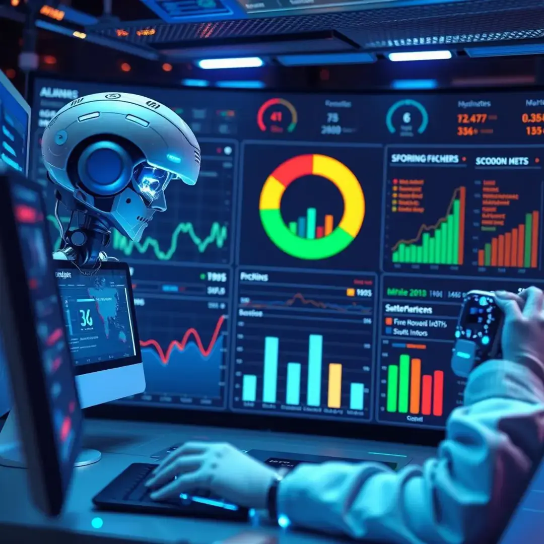 AI analyzing data, charts showing scoring metrics, futuristic interface.